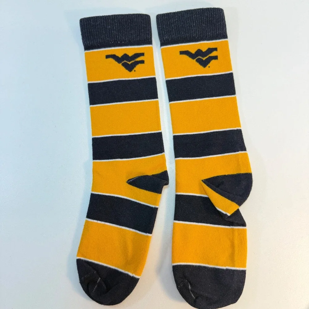 West Virginia University Crew Socks Adult OSFM Gold Navy Blue Striped WVU Logo